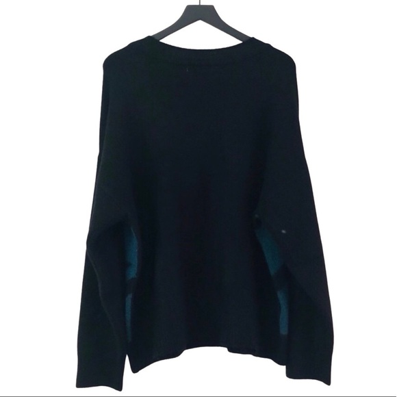 New! Houndstooth Crewneck Super Soft Knit Black Teal Ribbed Hem Pullover Sweater - Picture 3 of 8